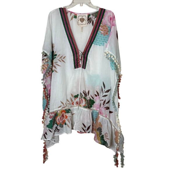 Z&L Made With Love Other - Z&L Boho Floral Tunic M L Pom Pom Trim Caftan Beach Cover Up India